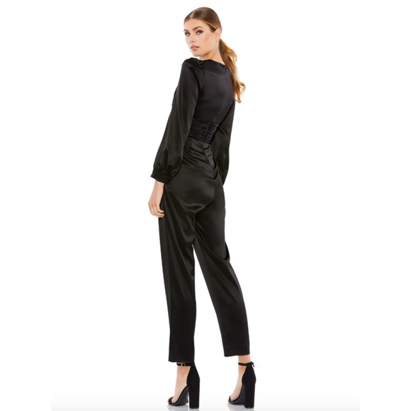 MAC DUGGAL Dress Size 6 Jumpsuit NEW Black Deep V Front Twist Puff Sleeve - Picture 4 of 7